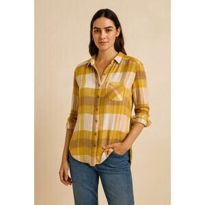Pilcro Anthropologie Butter Yellow/Pink Plaid Button Down Shirt Size Small